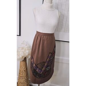 Vintage Catherine Carr Brown Patchwork & Applique Designs Midi Wrap Skirt